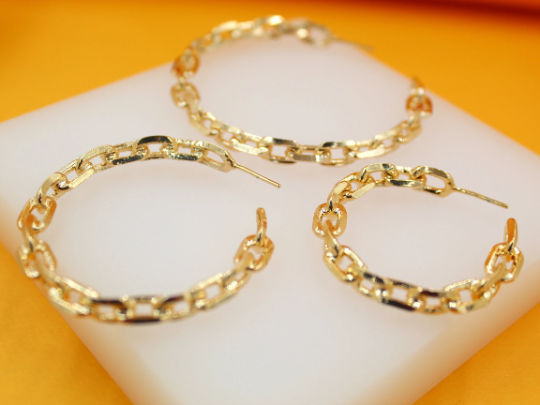 18K Gold Filled Dainty Paper Clip Chain Open Hoop Earrings (J246)(J259-260)-1
